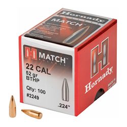Hornady Match, .224 Diameter, 22 Caliber, 52 Grain, Boat Tail Hollow Point, 1...