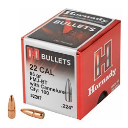 Hornady FMJ-BT, .224 Diameter, 22 Caliber, 55 Grain, Boat Tail, 100 Count