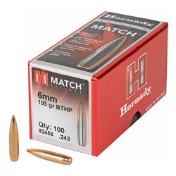 Hornady Match, .243 Diameter, 6MM/243 Winchester, 105 Grain, Boat Tail Hollow...