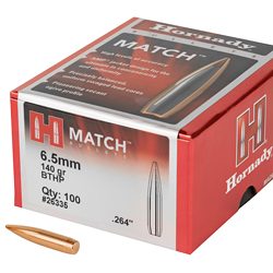 Hornady Match, .264 Diameter, 6.5MM, 140 Grain, Boat Tail Hollow Point, 100 C...