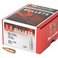 Hornady FMJ-BT, .308 Diameter, 30 Caliber, 150 Grain, Boat Tail, 100 Count
