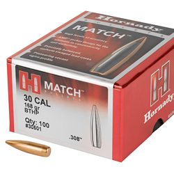 Hornady Match, .308 Diameter, 30 Caliber, 168 Grain, Boat Tail Hollow Point, ...