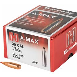 Hornady A-Max, .308 Diameter, 30 Caliber, 168 Grain, Ballistic Tip, 100 Count