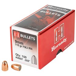Hornady FMJ-RN, .355 Diameter, 9MM, 115 Grain, Round Nose, 100 Count