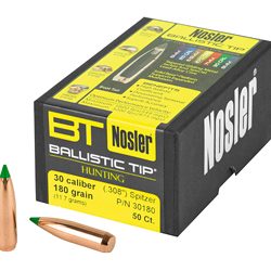 Nosler Ballistic Tip, .308 Diameter, 30 Caliber, 180 Grain, Spitzer Boat Tail...