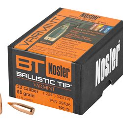 Nosler Ballistic Tip, .224 Diameter, 22 Caliber, 55 Grain, Spitzer, 100 Count